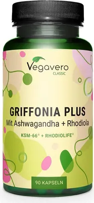 A product shot of a bottle of Vegavero Griffonia Plus capsules.