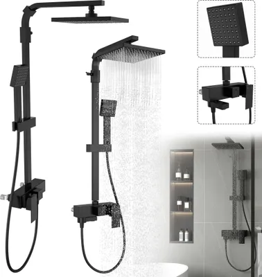 Produktbild von XMTECH System prysznicowy z regulacją wysokości 77,8-117,8 cm - Czarny prysznic ze stali nierdzewnej z głowicą prysznicową ABS 20x20 cm, wężem 150 cm i montażem bez wiercenia