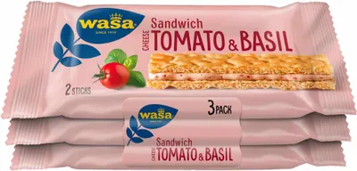 Produktbild von Wasa Knäckebrot Sandwich Käse, Tomate & Basilikum Multipack (120g Packung) + usy Block