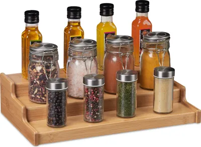 Produktbild von Relaxdays Gewürzregal Bambus, Gewürze, Kräuter, 3 Etagen, stehende Gewürztreppe für Arbeitsplatte, HBT 9x38x22 cm, natur