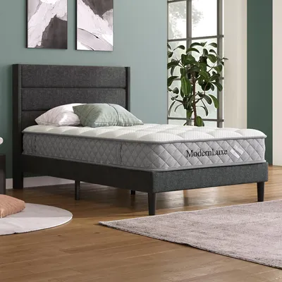 Image de Lit rembourré, lit simple 90 x 200 cm, avec sommier à lattes, tête de lit rembourrée et matelas, revêtement en lin, design intemporel, lit pour adolescent, gris