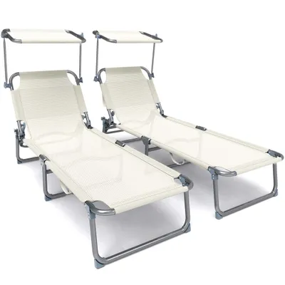 Produktbild von VOUNOT® 2er Set Sonnenliege Klappbar, Gartenliege Strandliege mit Sonnenschutz und Verstellbarer Rückenlehne, Beige