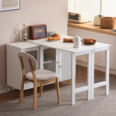 Produktbild von MODFU Bartisch mit Stauraum,kreatives Buffet Sideboard mit klappbarem Ausziehtisch,goldene Metallbeine, Glasschiebetürenerstellbare Einlegeböden, Esszimmerschrank mit Wellenmuster,weiß
