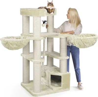 Produktbild von HAPPYPET Kratzbaum stabil 'Oscar' - 161 cm hoch, Katzenbaum für große Katzen Maine Coon, 12 cm Dicke Sisalstämme, 600g Plüsch, Creme