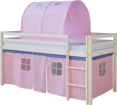 Produktbild von Homestyle4u Kinderbett 90x200 Weiß Hochbett mit Vorhang Leiter Tunnel Rosa Bettgestell Holz