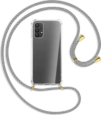 Produktbild von Handykette Backcover-Schutzhülle mit Band (Metall goldfarben) für Samsung Galaxy A23 4G - weiß/grau kariert