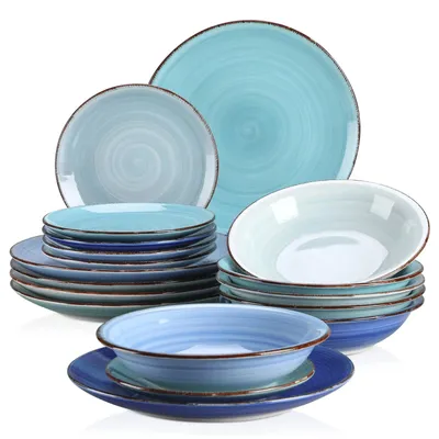 Image de Service de table - Ensemble de vaisselle - 18 pièces comprenant : assiettes, assiettes à soupe, assiettes à dessert - Service en céramique pour 12 personnes