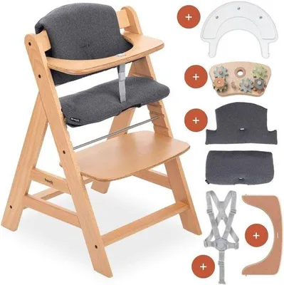 Productafbeelding van Meegroeiende kinderstoel met speeltray en zitkussen - Verstelbare houten kinderstoel voor baby's vanaf 6 maanden