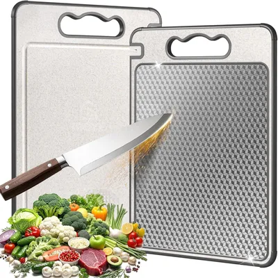 Productafbeelding van Titanen snijplank met opvangbak en messenverscherper, dubbelzijdige snijplank van roestvrij staal S304, geschikt voor vlees, groenten, fruit en brood (36,5 * 25 cm)