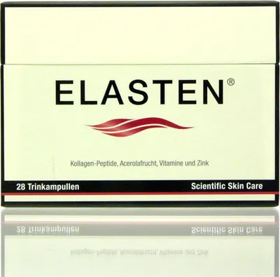 A box of ELASTEN Trinkampullen with product details and branding.