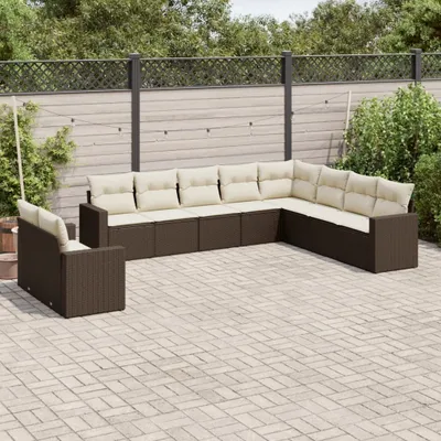 Produktbild von Design 10-tlg. Garten-Sofagarnitur mit Kissen Braun Poly Rattan, Gartenmöbel-Sets 2024 Neu