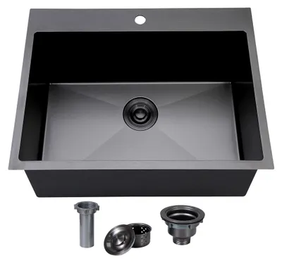 Produktbild von Schwarze Küchenspüle, 63,5 x 55,9 cm, 16 Gauge, Einzelschüssel, Edelstahl, handgefertigt, Topmount, für Wohnmobile und Bars, inklusive Zubehör