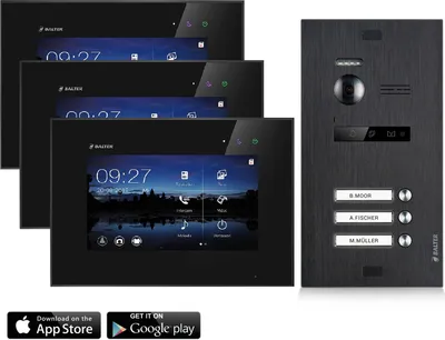 Produktbild von Video Türsprechanlage mit Smartphone App für 3 Familienhaus, Schwarz, 3x Monitore, Balter EVO WLAN Schwarz