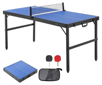 Immagine prodotto di Tavolo da ping-pong VEVOR, tavolo da ping-pong portatile di medie dimensioni, tavolo da ping-pong in MDF pieghevole completo di rete, 2 racchette, 3 palline, borsa per il trasporto, manico