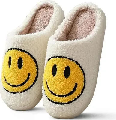 Produktbild von Damen Herren Stoff Hausschuhe Slipper Schlappen Pantoffeln Emoji Weiß Gr.40/41