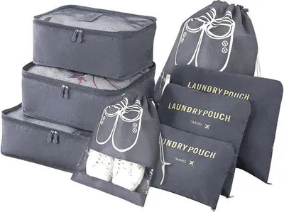 Produktbild von Unyqoos® Kofferorganizer 8‑in‑1 Reise‑Organizer Set, wasserdichte Packwürfel & Aufbewahrungsbeutel, 2 Schuhbeutel (M/L), 3 Packwürfel, 3 Beutel (S/M/L), Grau