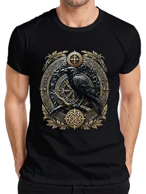 Produktbild von Wikinger Rabe Runen Vegvisir Kompass Odin Walhalla Huginn Muninn Herren T-Shirt, Schwarz, 3XL