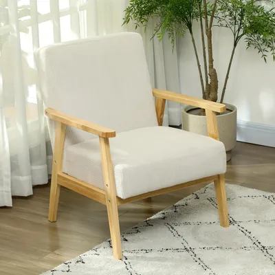 Immagine prodotto di Poltrona - Sedia da soggiorno - Poltrona relax - Sedia con braccioli - Tessuto in velluto a coste - Gambe in legno - Colore crema