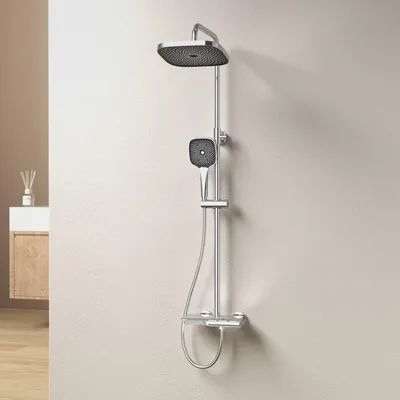 Produktbild von Duschsystem mit Thermostat 38℃, Duschsystem Regendusche mit 26x26cm Kopfbrause, Regendusche mit Armatur, Duscharmatur Komplettset mit 3-Strahl Handbrause, Duschset Höhenverstellbar, Chrom