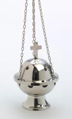 Produktbild von Weihrauchfass mit Kette zum Hängen aus Messing vernickelt Silber Höhe 13 cm mit Innenschale aus Stahl für die Räucherkohle