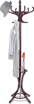 Zdjęcie produktu dla Wieszak na płaszcze 184 cm, wieszak na kurtki z 12 haczykami na płaszcze i stojakiem na parasole, wieszak na ubrania z drewna wolnostojący, wolnostojący wieszak na płaszcze do przedpokoju, sypialni, salonu (brązowy)