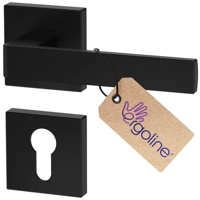 A black door handle set with a keyhole plate and a branded tag.