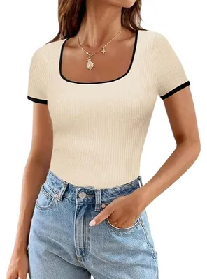 Productafbeelding van Dames T-shirt blouse met korte mouwen, geribbeld, casual, beige, maat XL