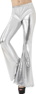 Zdjęcie produktu dla Błyszczące metaliczne spodnie damskie rozmiar L z szeroką nogawką - Wysoka talia, rozciągliwe - Idealne na imprezy, karnawały, koncerty, festiwale rave