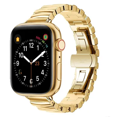 Produktbild von FFO2World elegantes Metallarmband für Apple Watch 42–46/49 mm (Serie 1–11, SE, Ultra) – Unregelmäßiges Edelstahlarmband – Gold