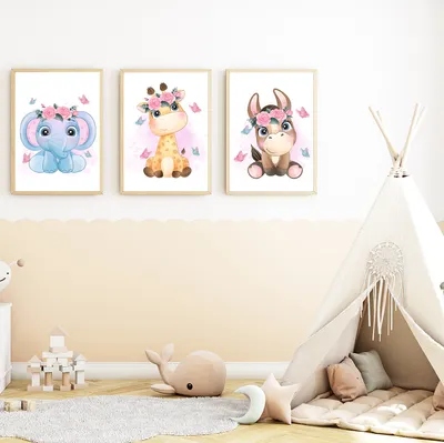 Produktbild von Niedliche Tiere 3er Set Bilder Elefant Giraffe Esel Kinderzimmer Deko DIN A4 Poster Babyzimmer Wandbilder