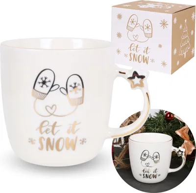 Produktbild von Weißer Porzellanbecher mit Weihnachtsmotiv - Handschuhe, in einer Geschenkbox 360 ml