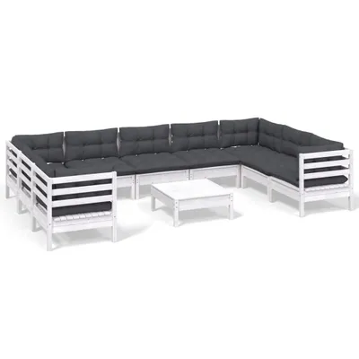 Immagine prodotto di vidaXL Set da giardino lounge da 10 pezzi con cuscini, bianco, legno di pino