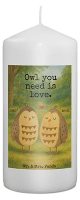 Produktbild von Mr. & Mrs. Panda Kerze Eulen Liebe Design 15 x 7 cm - Weiß - Geschenk, Eule, Erinnerungskerze, Stumpenkerze, Wachskerze, Liebesspruch, Freundin, Owl, Bedruckte, Verliebt