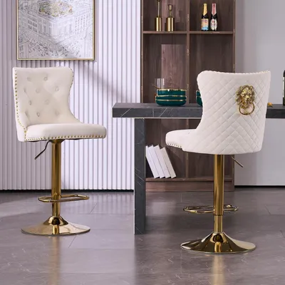 Produktbild von Barhocker 2er Set Samt Höhenverstellbar mit Lehne Drehbar Gold-Weiß