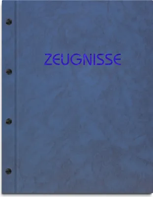 Produktbild von Zeugnismappe im blauen Einband in Marmoroptik, mit hochwertigem Prägedruck in blau – handgefertigte Mappe inkl. 12 Sichthüllen
