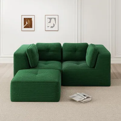 Immagine prodotto di Divano angolare modulare Cord, verde, divano a forma di L con due posti e poggiapiedi regolabili. Design senza struttura, ideale per il soggiorno, dimensioni 208x177x69 cm.