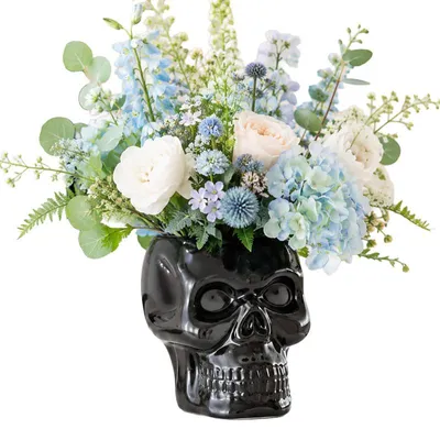 Produktbild von Keramik Totenkopf Utensilienhalter, 16x18cm, großes Fassungsvermögen – Küchenutensilienhalter & Gothic Deko für Stifte, Make-up & Halloween