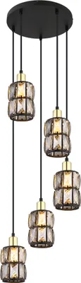 Produktbild von Globo Lighting Hängeleuchte Metall schwarz matt, Glaskristalle rauchfarben, Metall messingfarben matt, Kabel PVC Schwarz, ø: 300mm, H: 1200mm, exkl. 5x E14 40W 230V