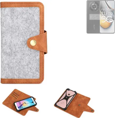 Produktbild von K-S-Trade Handyhülle kompatibel mit Realme 11 Pro Schutzhülle Filz-Hülle Kunst-Leder hellgrau braun (1x)