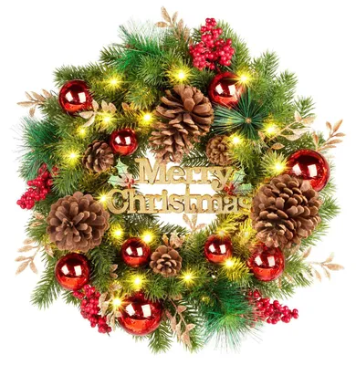 Weihnachtskranz mit LED, 50 cm, rot-grün, Beeren, Tannenzapfen