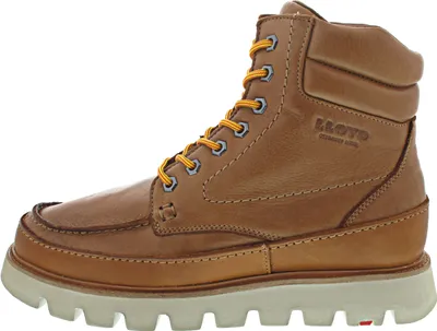 A side view of a brown leather boot with yellow laces against a white background.