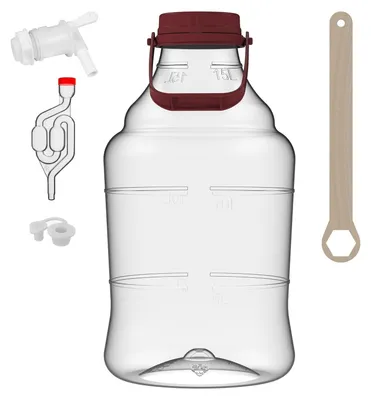 A clear shot of a 15-liter plastic wine fermenter with various accessories, including a spigot, airlock, and a wrench.