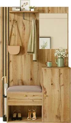 Productafbeelding van Garderobeset: Wandgarderobe met spiegel en schoenenkast, geschikt voor hal of woonkamer, afmetingen 115x37x185 cm. Garderobeset: Garderobekast met schoenenkast, paraplubak en haken, in houtkleur