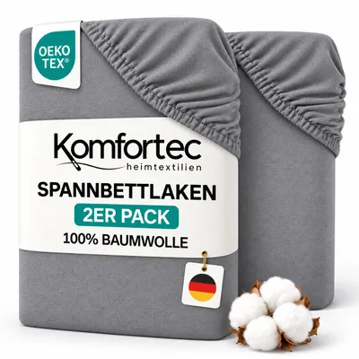 Produktbild von Komfortec 2er Pack Jersey Spannbettlaken 140x200 cm, 100% Baumwolle, Doppelpack Spannbettuch, Grau