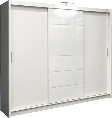 Zdjęcie produktu dla Szafa z drzwiami przesuwnymi Malibu, szafa 3-drzwiowa ze szkłem, nowoczesna szafa, szafa o wymiarach: 250 x 215 x 61 cm