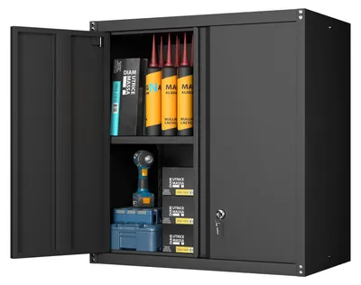 Productafbeelding van Wandkast hangkast metalen gereedschapskast - Garagekast - Metaal 71 x 66 x 35 cm - Zwart - Afsluitbaar met 1 verstelbaar rek - Voor garage en werkplaats