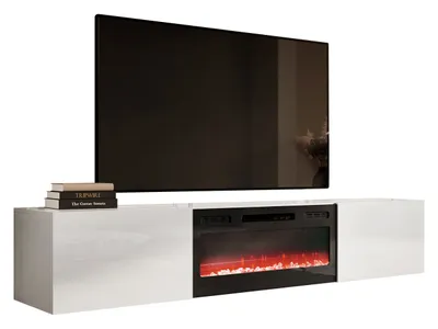 Produktbild von Mirjan24 TV-Lowboard Slide 200 mit Elektrischem Kamin, Stilvoll TV Schrank, TV Tisch, LED-Flamme (Farbe: Weiß Matt / Weiß Hochglanz, mit Kamin Schwarz)