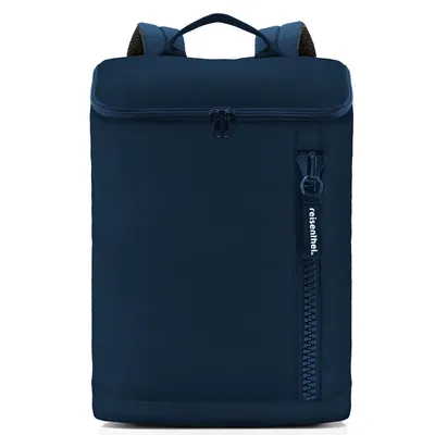 A dark blue backpack shown from the front against a white background.