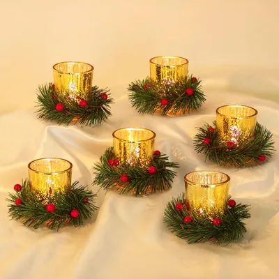 6er Set Weihnachts-Teelichthalter mit Kranzring, rot, Gold
