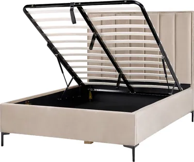 Produktbild von BELIANI Polsterbett Taupe Samtstoff Gesteppt mit Hohem Kopfteil Bettkasten Lattenrost 140x200 cm Hochklappbar für Schlafzimmer Doppelbett Ehebett